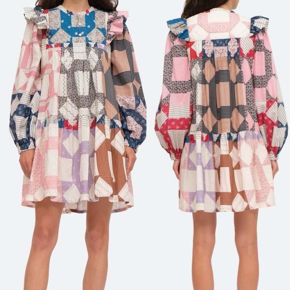 Sea New York Patchwork Mini Dress in Pink, Blue, Brown, Lavender